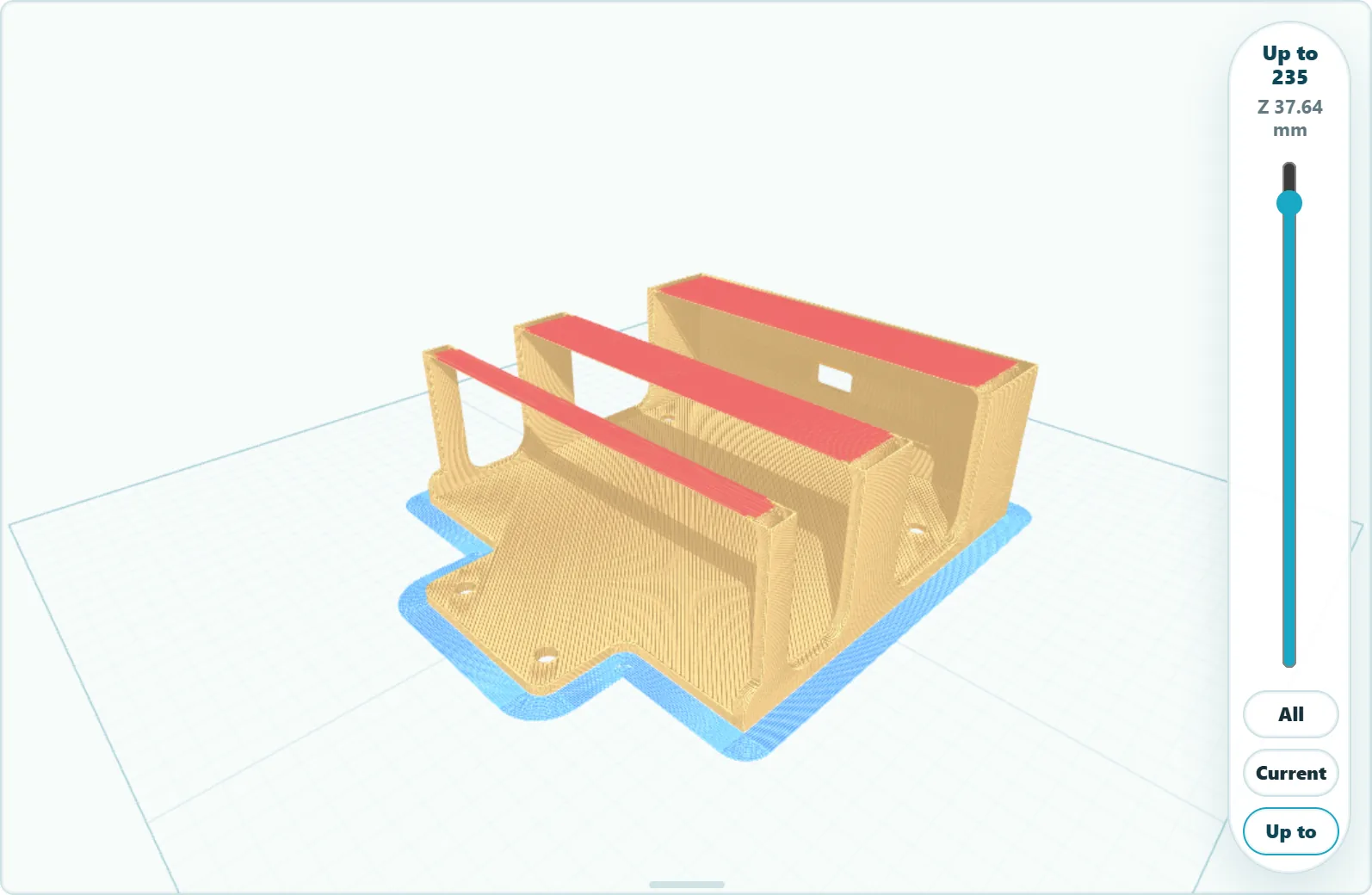 Printly's 3D view of a remote-control stand. The tops of its three walls are highlighted in red as a possible risk.