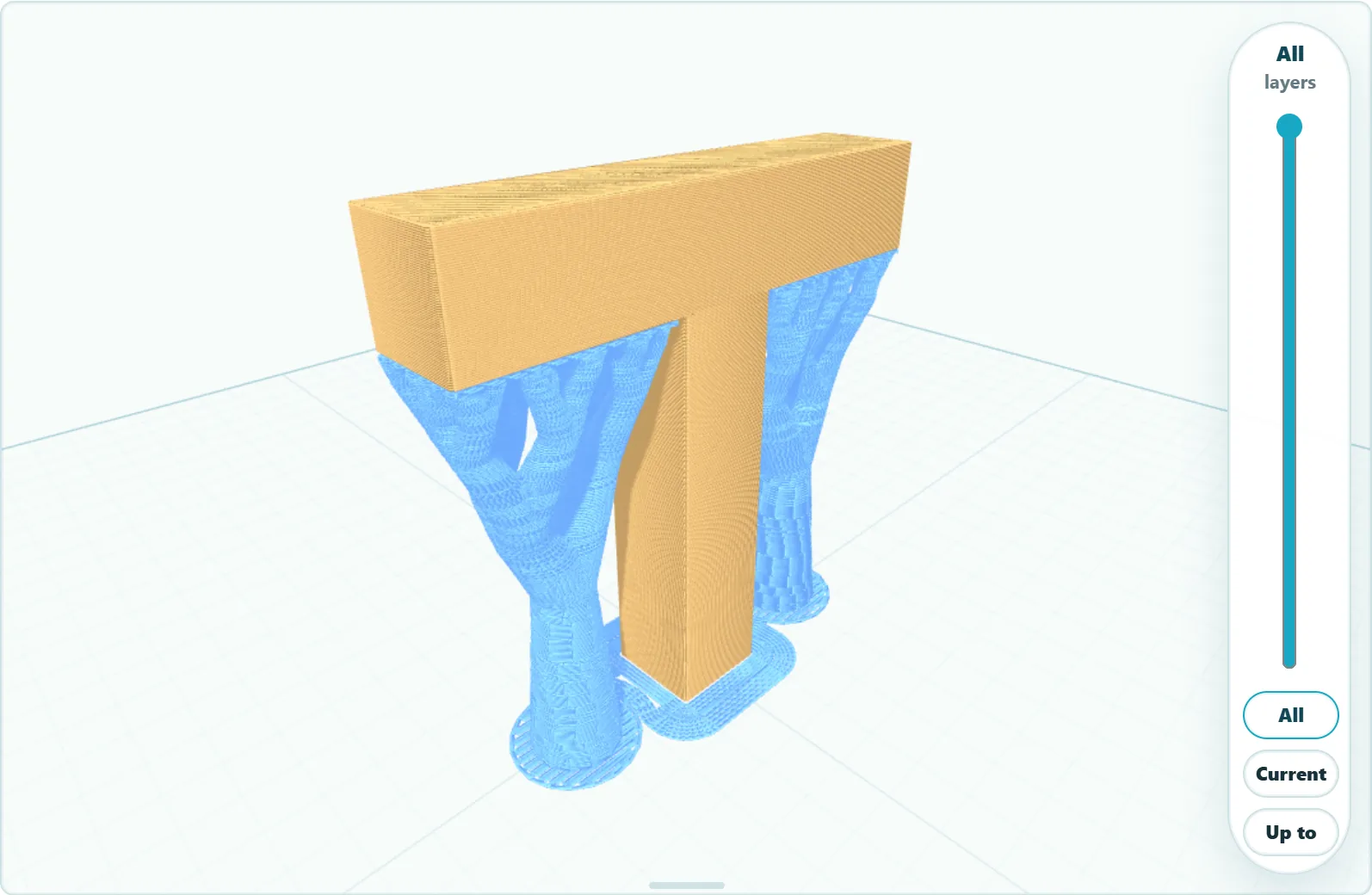 The same T-shaped part with tree supports, shown in blue, holding up both arms of the top bar.