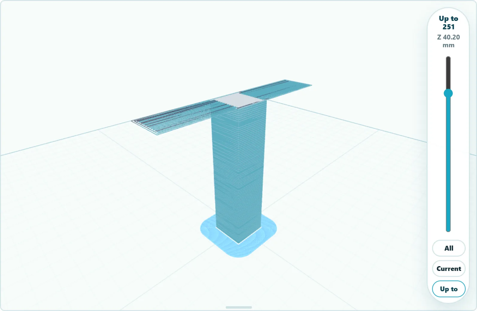 The T-shaped part in Toolpath Mode up to layer 251, showing the individual printed lines, including the lines across the unsupported top bar.
