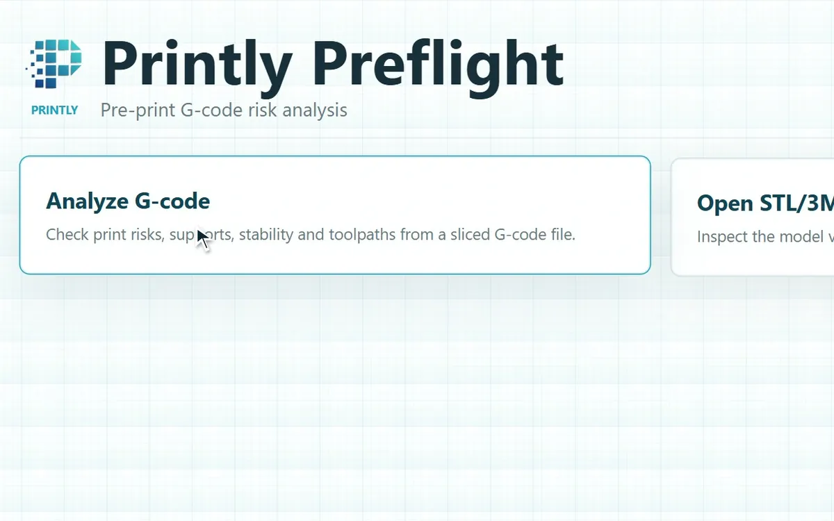 Printly's start screen with two cards, Analyze G-code and Open STL/3MF Viewer. The pointer rests on Analyze G-code.