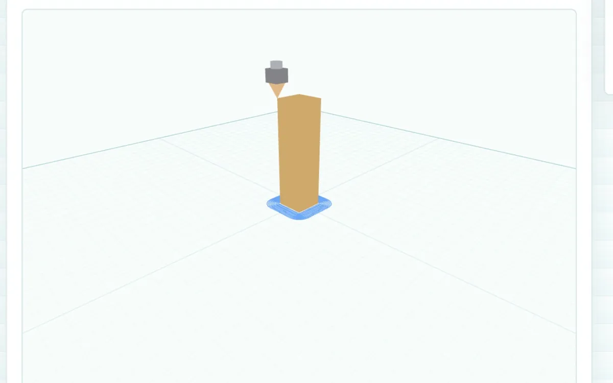 Printly's 3D view while it rebuilds the T-shaped part from its toolpaths, with a small nozzle at the top of the part printed so far.