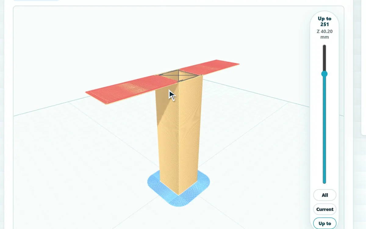 Printly's 3D view up to layer 251. The top bar of the T, printed over open air, is highlighted in red.
