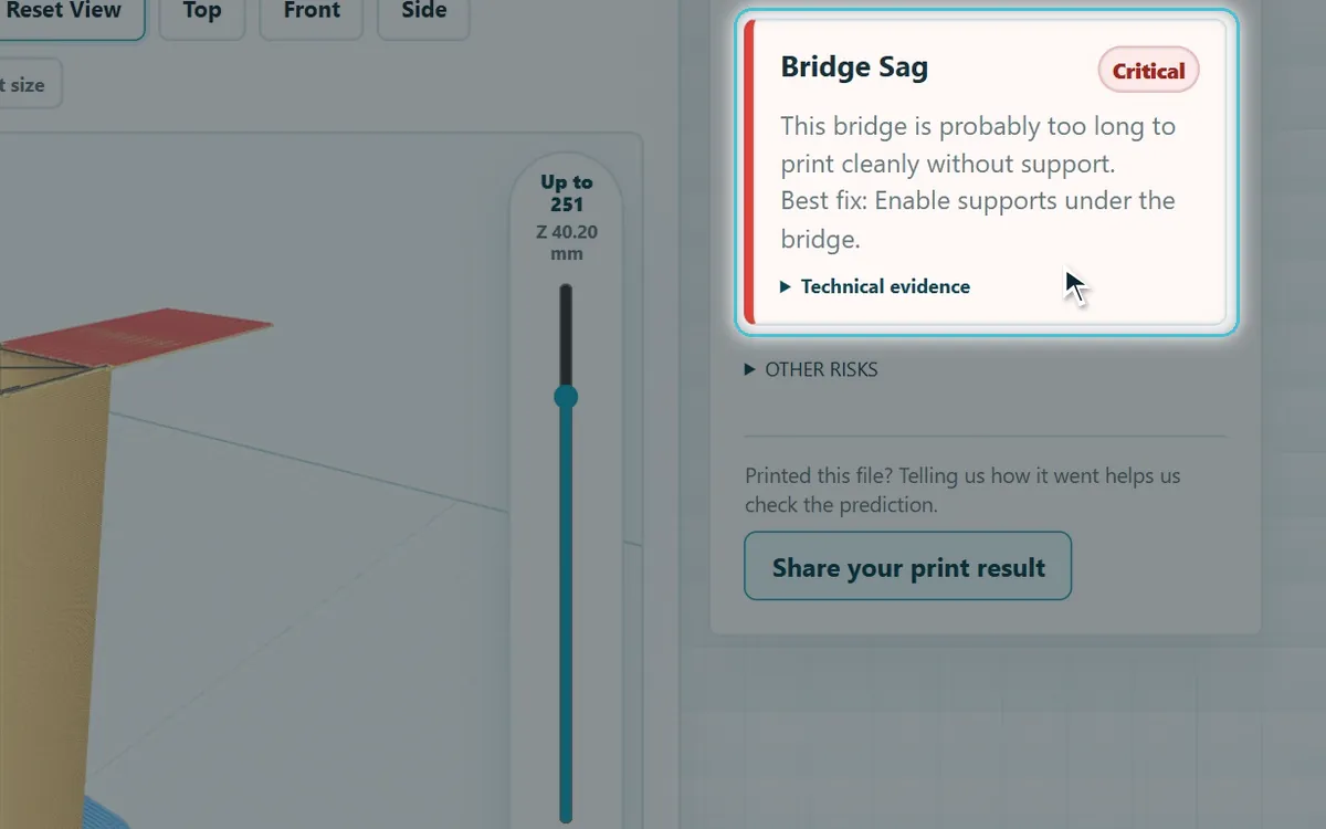 Printly's Next Step panel, highlighted: Bridge Sag, marked critical. The bridge is probably too long to print cleanly without support, and Printly suggests adding supports under it.